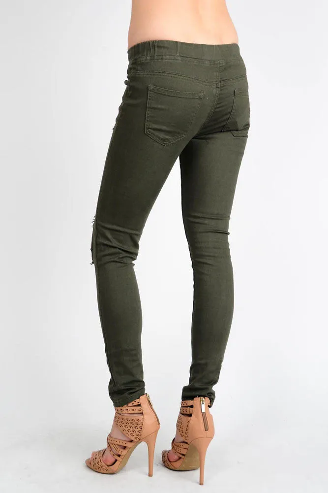 Women's Solid Torn Skinny Jogger Pants