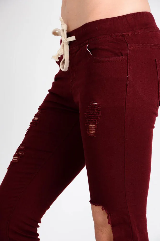 Women's Solid Torn Skinny Jogger Pants